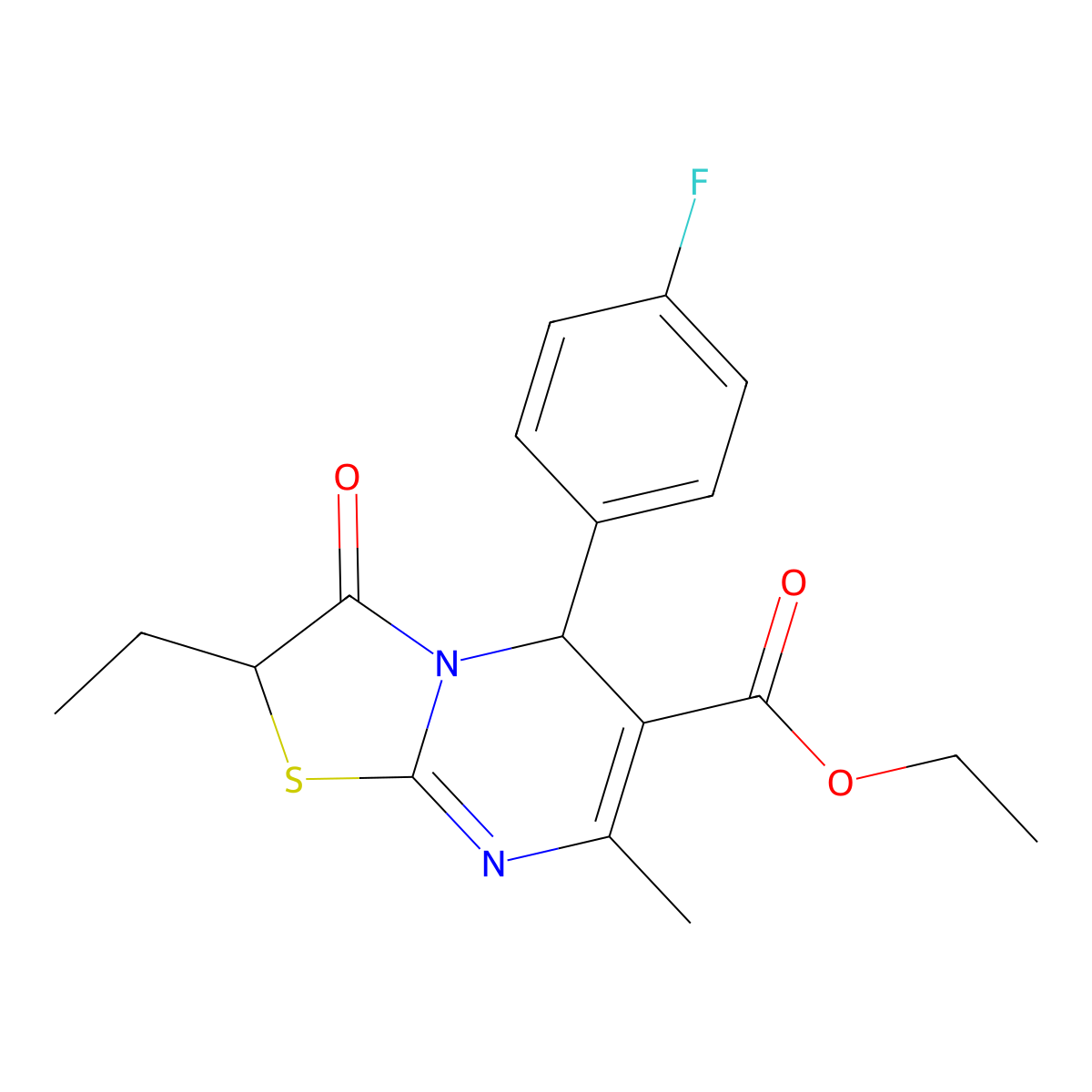 ethyl 2-ethyl-5-(4-fluorophenyl)-7-methyl-3-oxo-2,3-dihydro-5H-[1,3]thiazolo[3,2-a]pyrimidine-6-carboxylate molecular structure, CAS 839705-02-1
