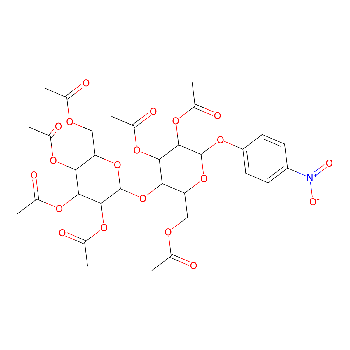 4-Nitrophenyl 2,3,6-tri-O-acetyl-4-O-(2,3,4,6-tetra-O-acetyl-beta-D-galactopyranosyl)-beta-D-glucopyranoside molecular structure, CAS 84034-75-3