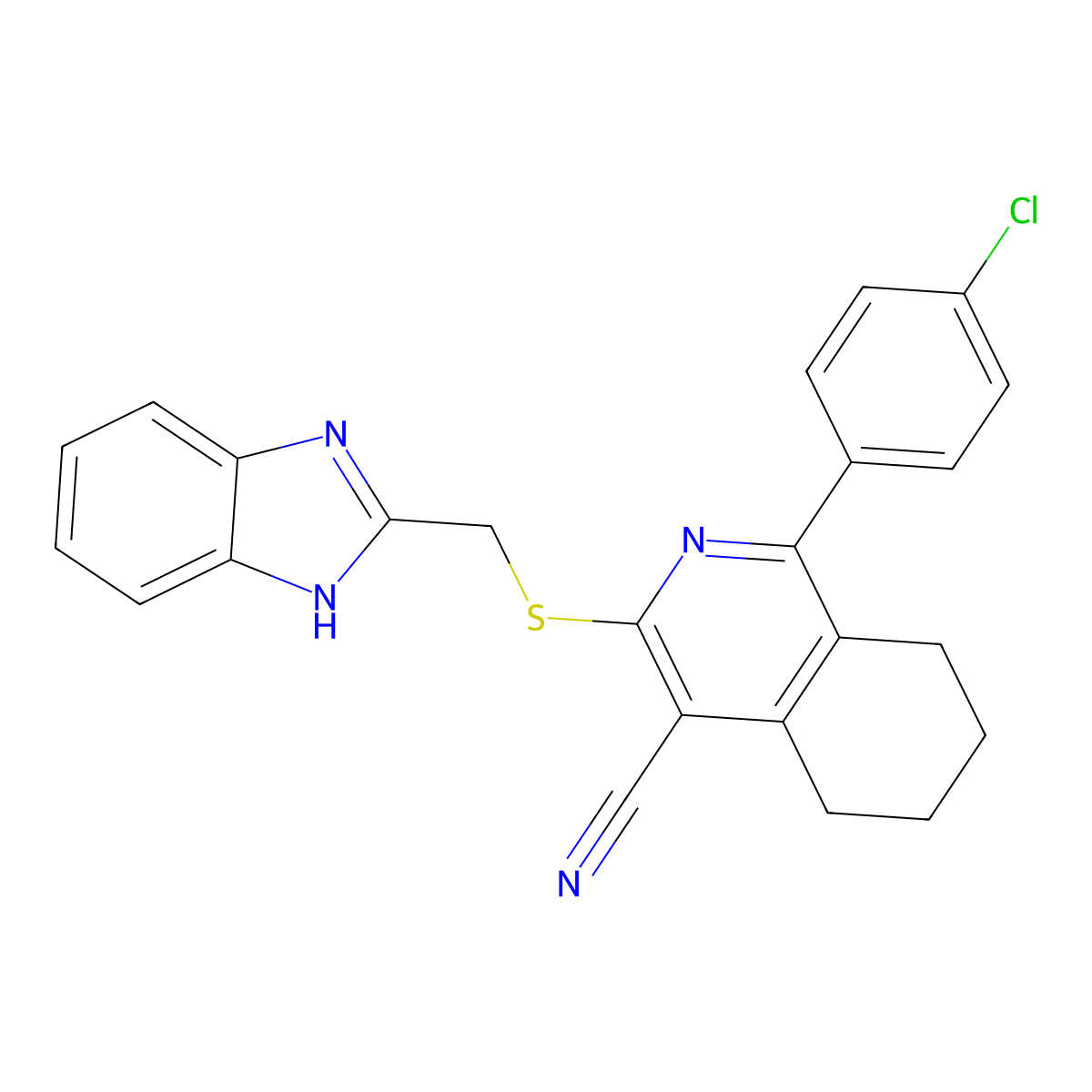3-(((1H-benzo[d]imidazol-2-yl)methyl)thio)-1-(4-chlorophenyl)-5,6,7,8-tetrahydroisoquinoline-4-carbonitrile molecular structure, CAS 840454-96-8