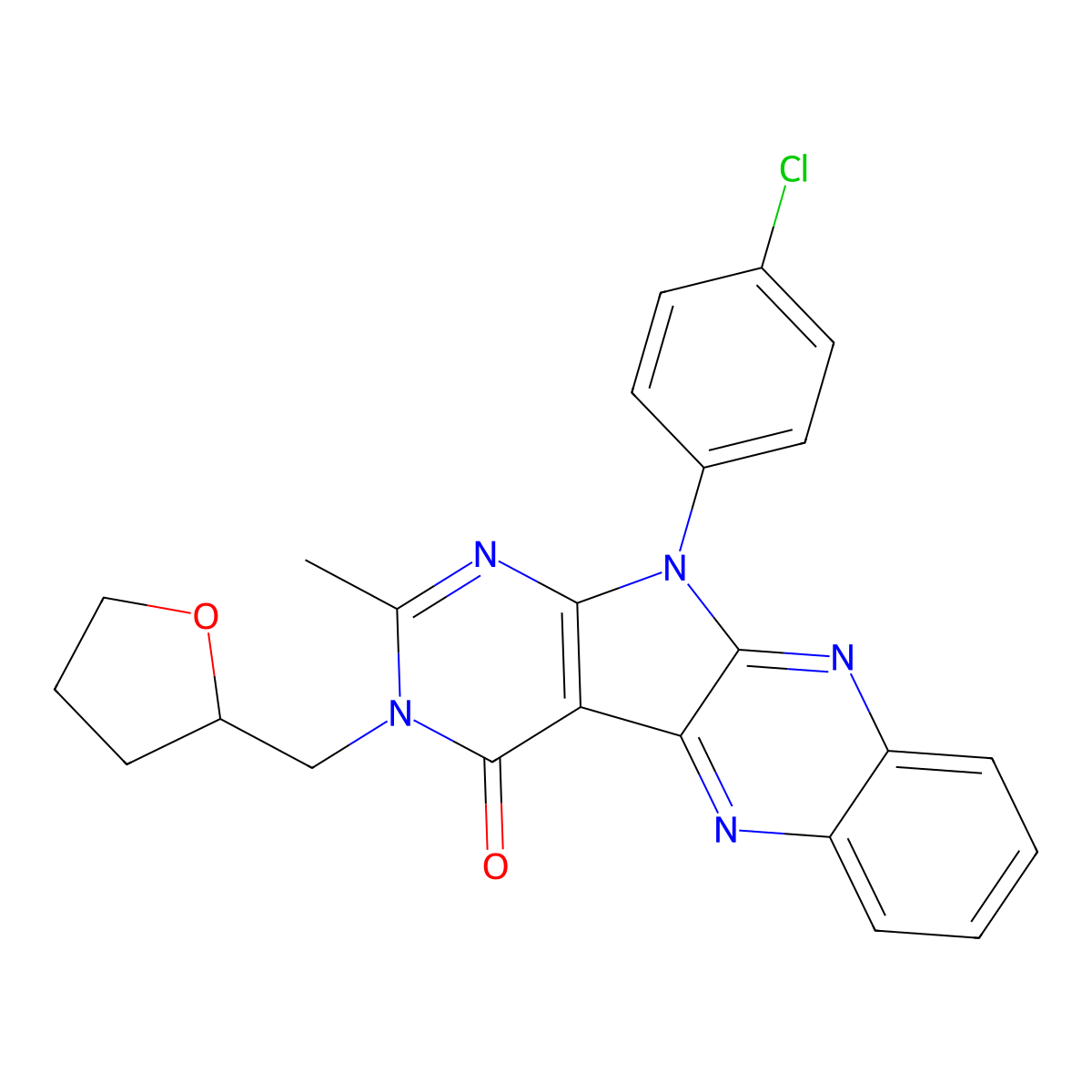 11-(4-chlorophenyl)-2-methyl-3-((tetrahydrofuran-2-yl)methyl)-3H-pyrimido[5',4':4,5]pyrrolo[2,3-b]quinoxalin-4(11H)-one molecular structure, CAS 840455-72-3