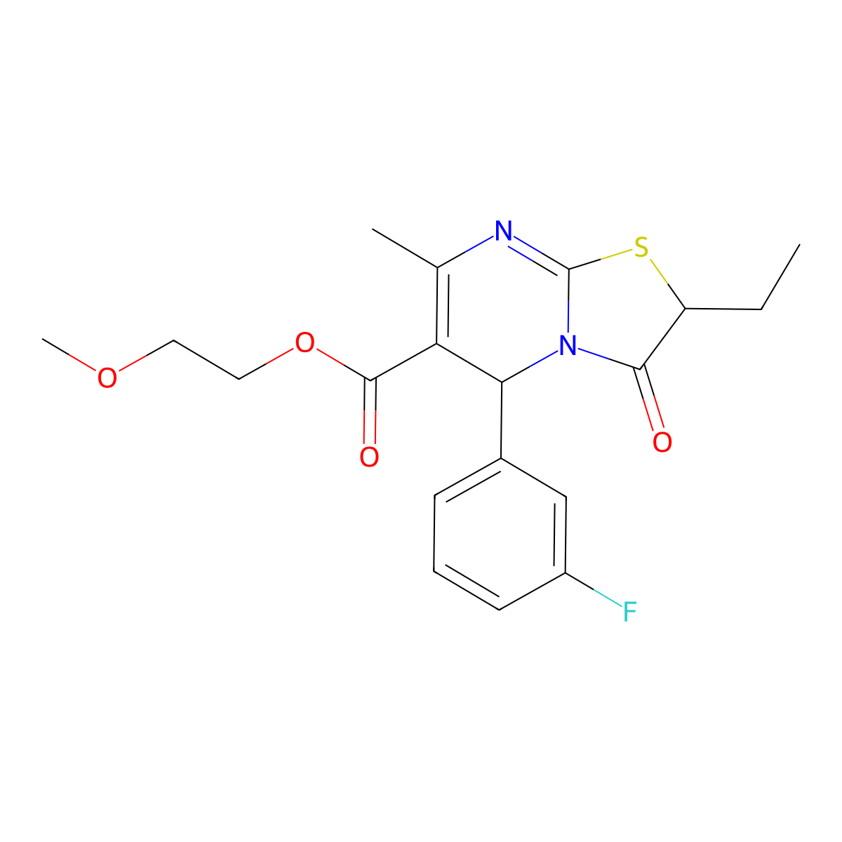 2-methoxyethyl 2-ethyl-5-(3-fluorophenyl)-7-methyl-3-oxo-2,3-dihydro-5H-[1,3]thiazolo[3,2-a]pyrimidine-6-carboxylate molecular structure, CAS 840456-49-7
