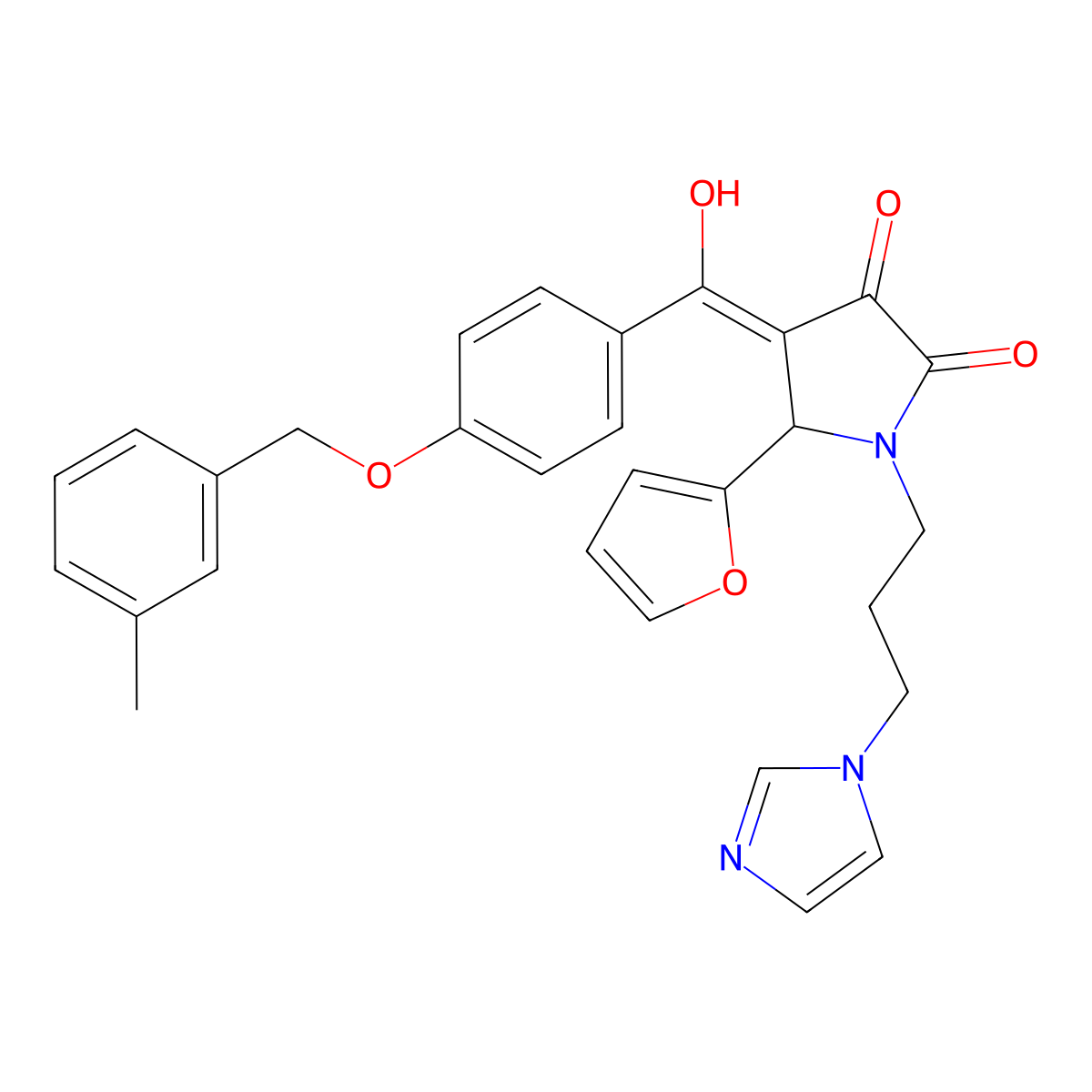 5-(furan-2-yl)-3-hydroxy-1-[3-(1H-imidazol-1-yl)propyl]-4-{4-[(3-methylphenyl)methoxy]benzoyl}-2,5-dihydro-1H-pyrrol-2-one molecular structure, CAS 840456-52-2