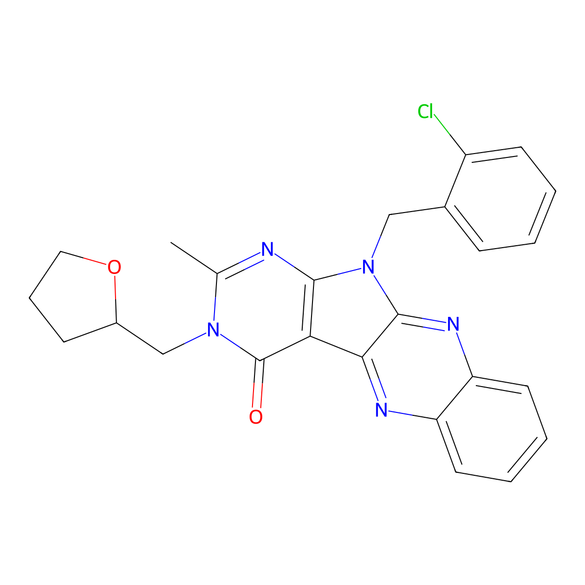 11-(2-chlorobenzyl)-2-methyl-3-((tetrahydrofuran-2-yl)methyl)-3H-pyrimido[5',4':4,5]pyrrolo[2,3-b]quinoxalin-4(11H)-one molecular structure, CAS 840457-42-3