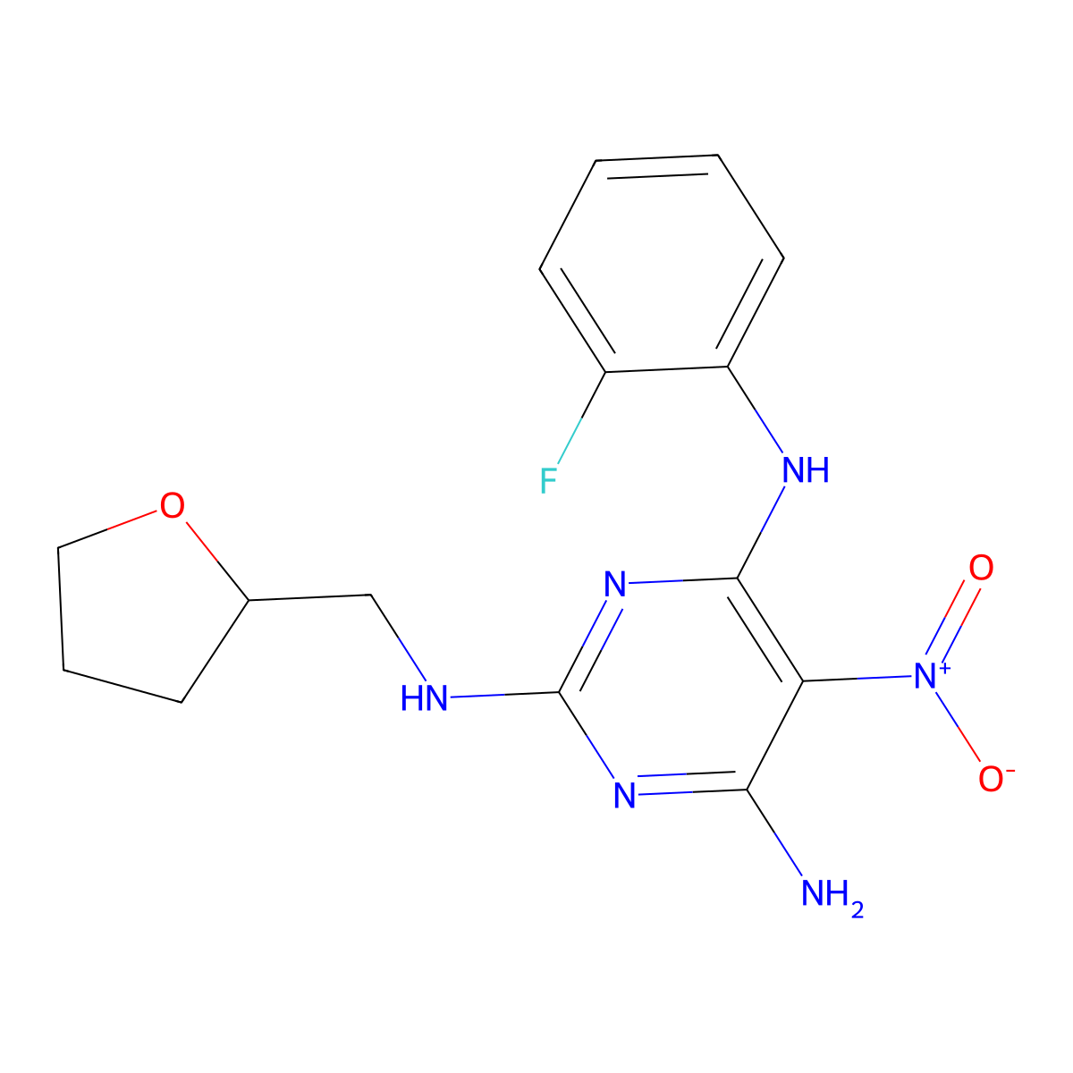 4-N-(2-fluorophenyl)-5-nitro-2-N-(oxolan-2-ylmethyl)pyrimidine-2,4,6-triamine molecular structure, CAS 840460-35-7