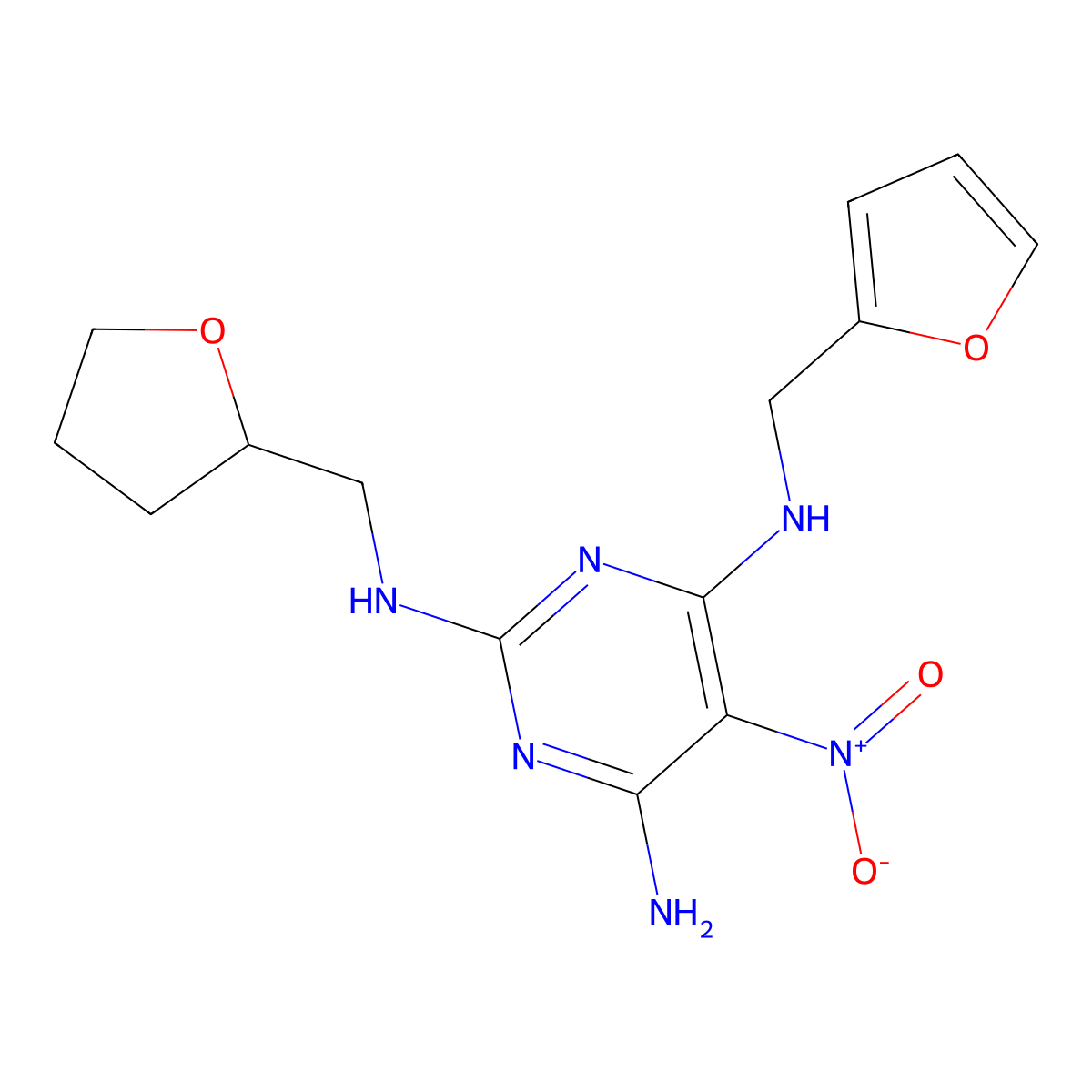 N4-(furan-2-ylmethyl)-5-nitro-N2-((tetrahydrofuran-2-yl)methyl)pyrimidine-2,4,6-triamine molecular structure, CAS 840461-06-5