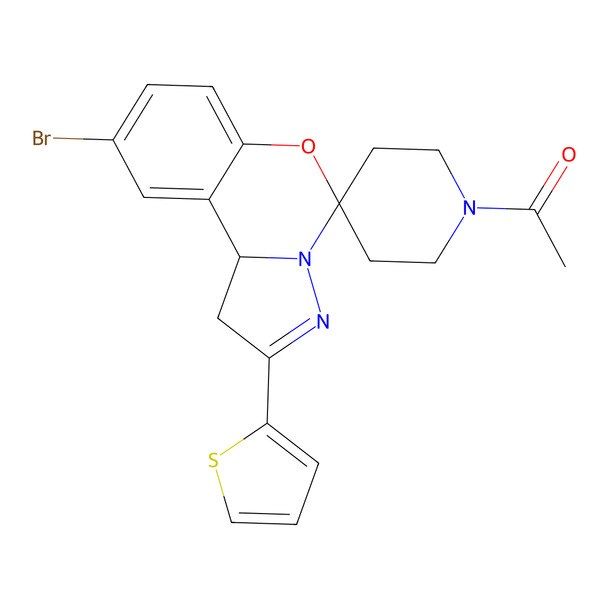 1-(9-Bromo-2-(thiophen-2-yl)-1,10b-dihydrospiro[benzo[e]pyrazolo[1,5-c][1,3]oxazine-5,4'-piperidin]-1'-yl)ethanone molecular structure, CAS 840462-13-7