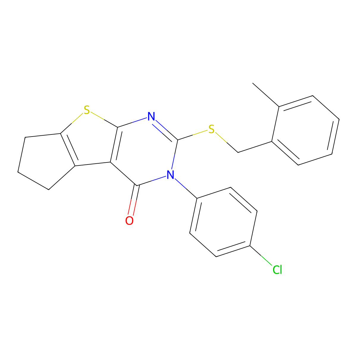 3-(4-chlorophenyl)-2-[(2-methylbenzyl)sulfanyl]-3,5,6,7-tetrahydro-4H-cyclopenta[4,5]thieno[2,3-d]pyrimidin-4-one molecular structure, CAS 840464-37-1