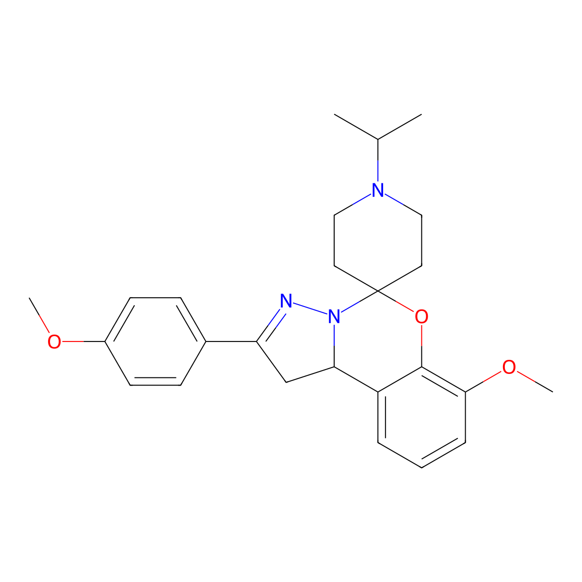 1'-Isopropyl-7-methoxy-2-(4-methoxyphenyl)-1,10b-dihydrospiro[benzo[e]pyrazolo[1,5-c][1,3]oxazine-5,4'-piperidine] molecular structure, CAS 840468-90-8