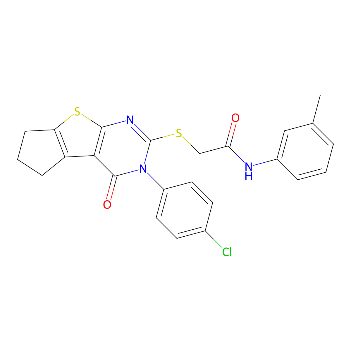2-[3-(4-chlorophenyl)-4-oxo(3,5,6,7-tetrahydrocyclopenta[2,1-d]pyrimidino[4,5-b]thiophen-2-ylthio)]-N-(3-methylphenyl)acetamide molecular structure, CAS 840476-74-6