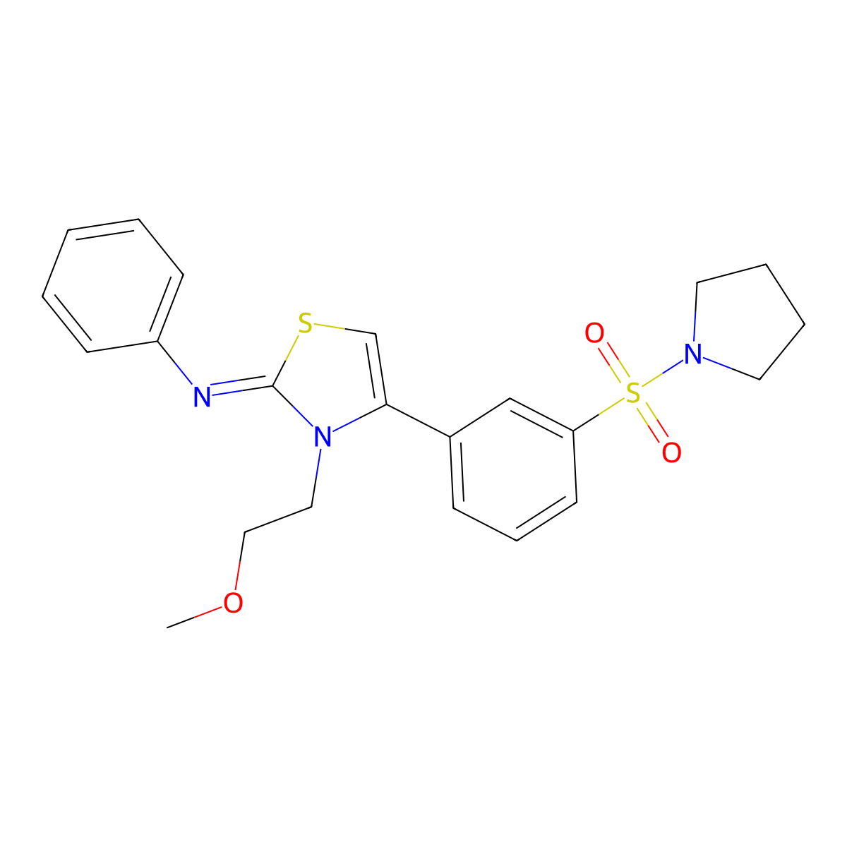 N-[(2Z)-3-(2-methoxyethyl)-4-[3-(pyrrolidin-1-ylsulfonyl)phenyl]-1,3-thiazol-2(3H)-ylidene]aniline molecular structure, CAS 840479-52-9