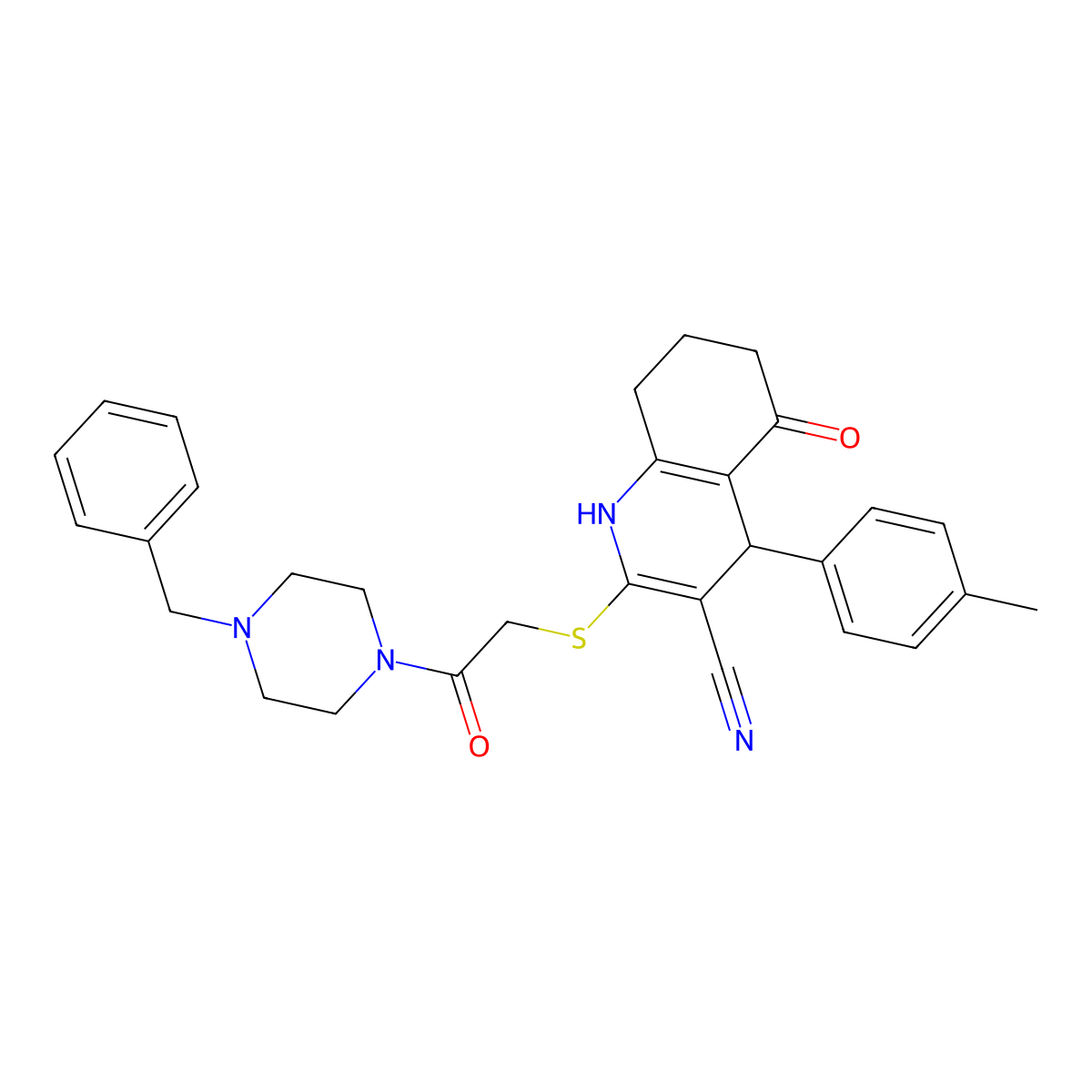 2-((2-(4-Benzylpiperazin-1-yl)-2-oxoethyl)thio)-5-oxo-4-(p-tolyl)-1,4,5,6,7,8-hexahydroquinoline-3-carbonitrile molecular structure, CAS 840479-60-9
