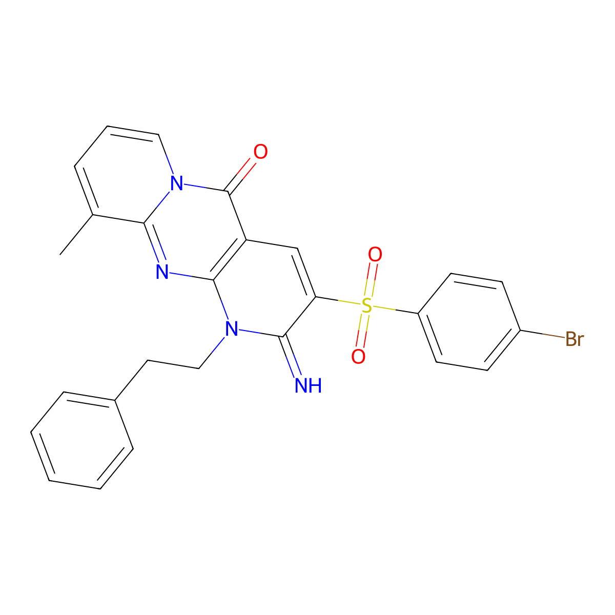 3-((4-bromophenyl)sulfonyl)-2-imino-10-methyl-1-phenethyl-1H-dipyrido[1,2-a:2',3'-d]pyrimidin-5(2H)-one molecular structure, CAS 840480-65-1