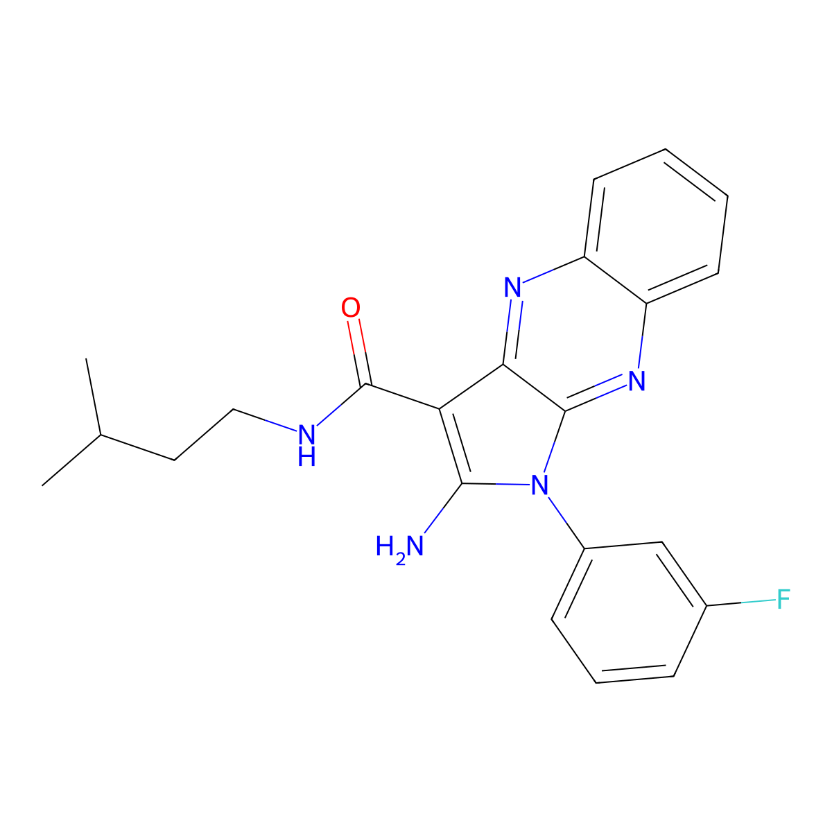 2-amino-1-(3-fluorophenyl)-N-isopentyl-1H-pyrrolo[2,3-b]quinoxaline-3-carboxamide molecular structure, CAS 840480-83-3