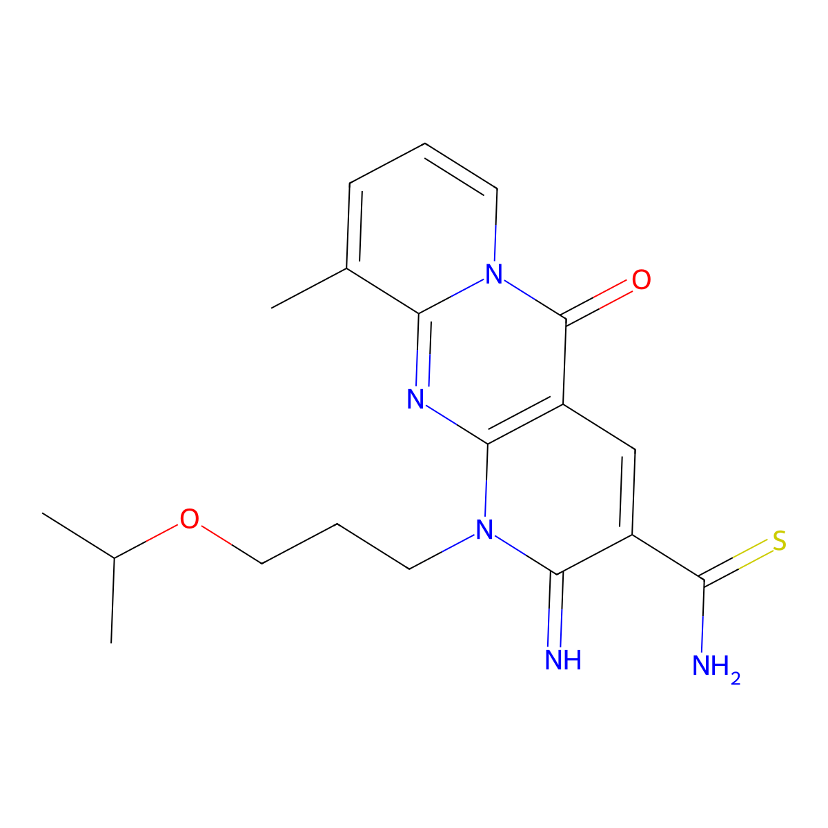 2-imino-1-(3-isopropoxypropyl)-10-methyl-5-oxo-1,5-dihydro-2H-dipyrido[1,2-a:2,3-d]pyrimidine-3-carbothioamide molecular structure, CAS 840484-00-6