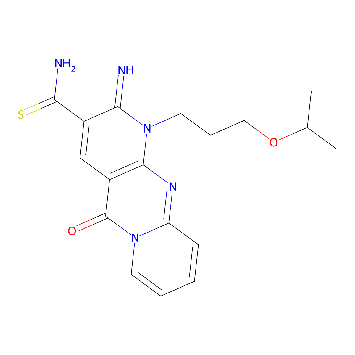 2-imino-1-(3-isopropoxypropyl)-5-oxo-1,5-dihydro-2H-dipyrido[1,2-a:2,3-d]pyrimidine-3-carbothioamide molecular structure, CAS 840484-29-9