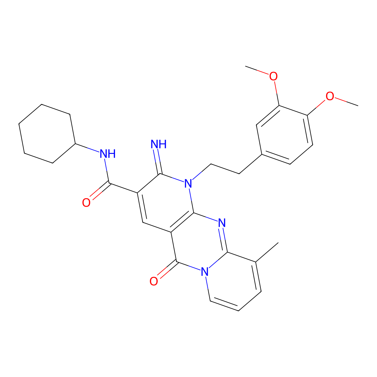 N-cyclohexyl-1-[2-(3,4-dimethoxyphenyl)ethyl]-2-imino-10-methyl-5-oxo-1,5-dihydro-2H-dipyrido[1,2-a:2',3'-d]pyrimidine-3-carboxamide molecular structure, CAS 840485-27-0