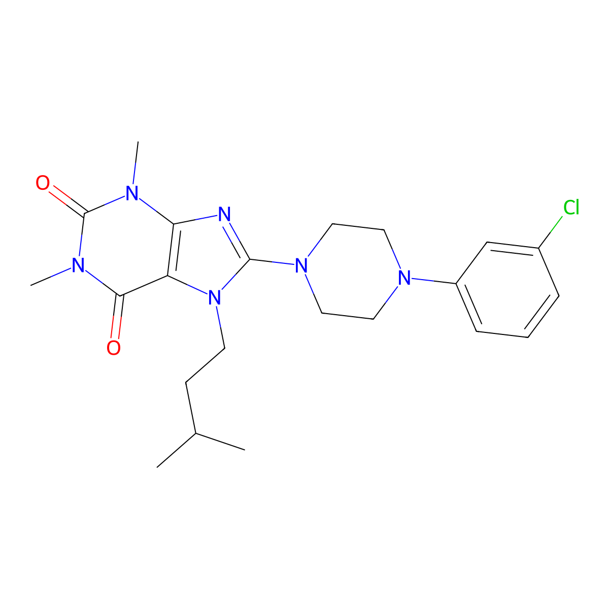 8-[4-(3-Chlorophenyl)piperazin-1-yl]-1,3-dimethyl-7-(3-methylbutyl)purine-2,6-dione molecular structure, CAS 840485-98-5