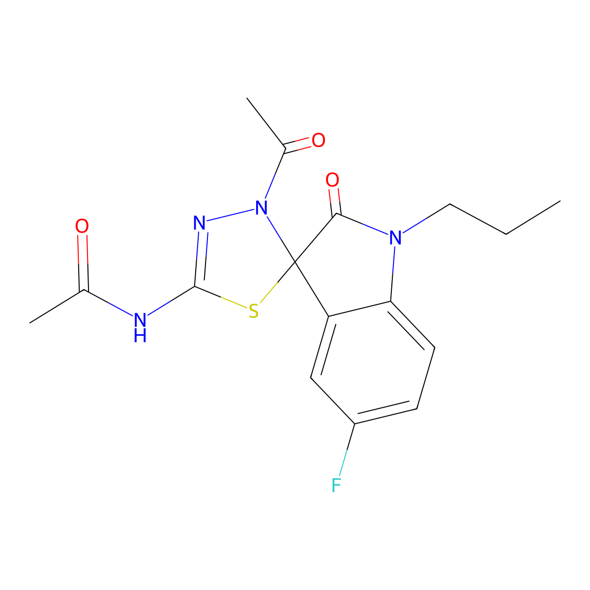 N-(4-acetyl-5'-fluoro-2'-oxo-1'-propylspiro[1,3,4-thiadiazole-5,3'-indole]-2-yl)acetamide molecular structure, CAS 840486-23-9