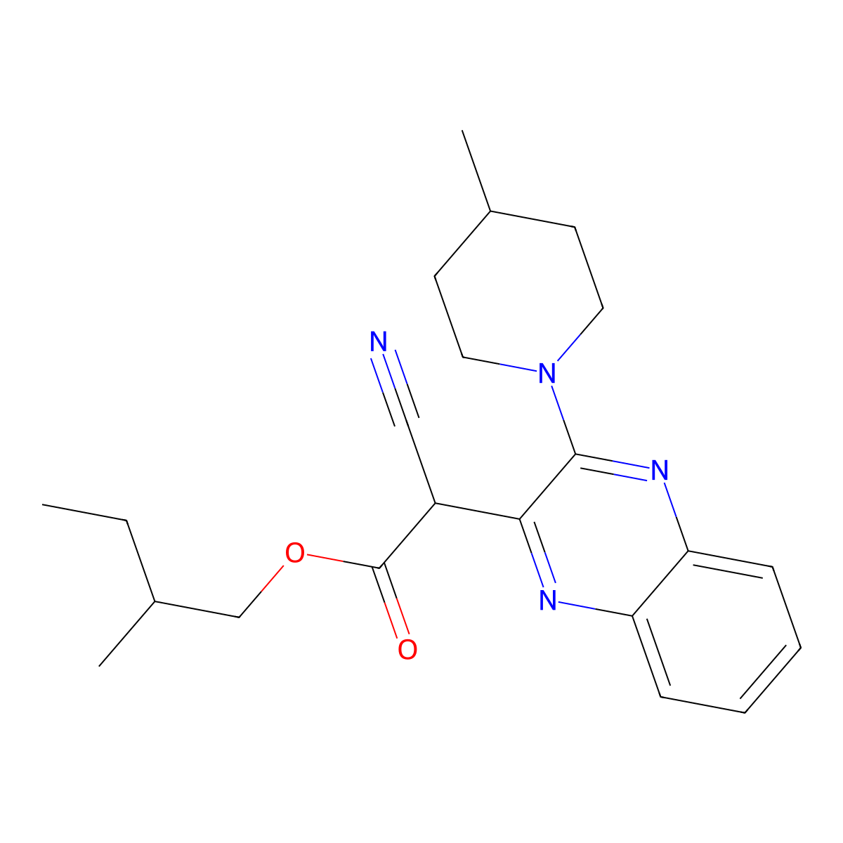 2-Methylbutyl 2-cyano-2-[3-(4-methylpiperidin-1-yl)quinoxalin-2-yl]acetate molecular structure, CAS 840486-30-8
