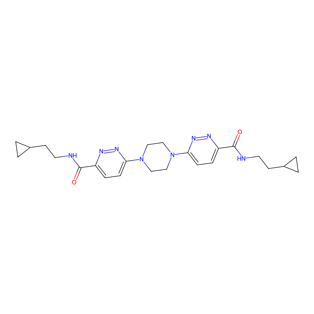 N-(2-cyclopropylethyl)-6-(4-{6-[(2-cyclopropylethyl)carbamoyl]pyridazin-3-yl}piperazin-1-yl)pyridazine-3-carboxamide molecular structure, CAS 840488-88-2