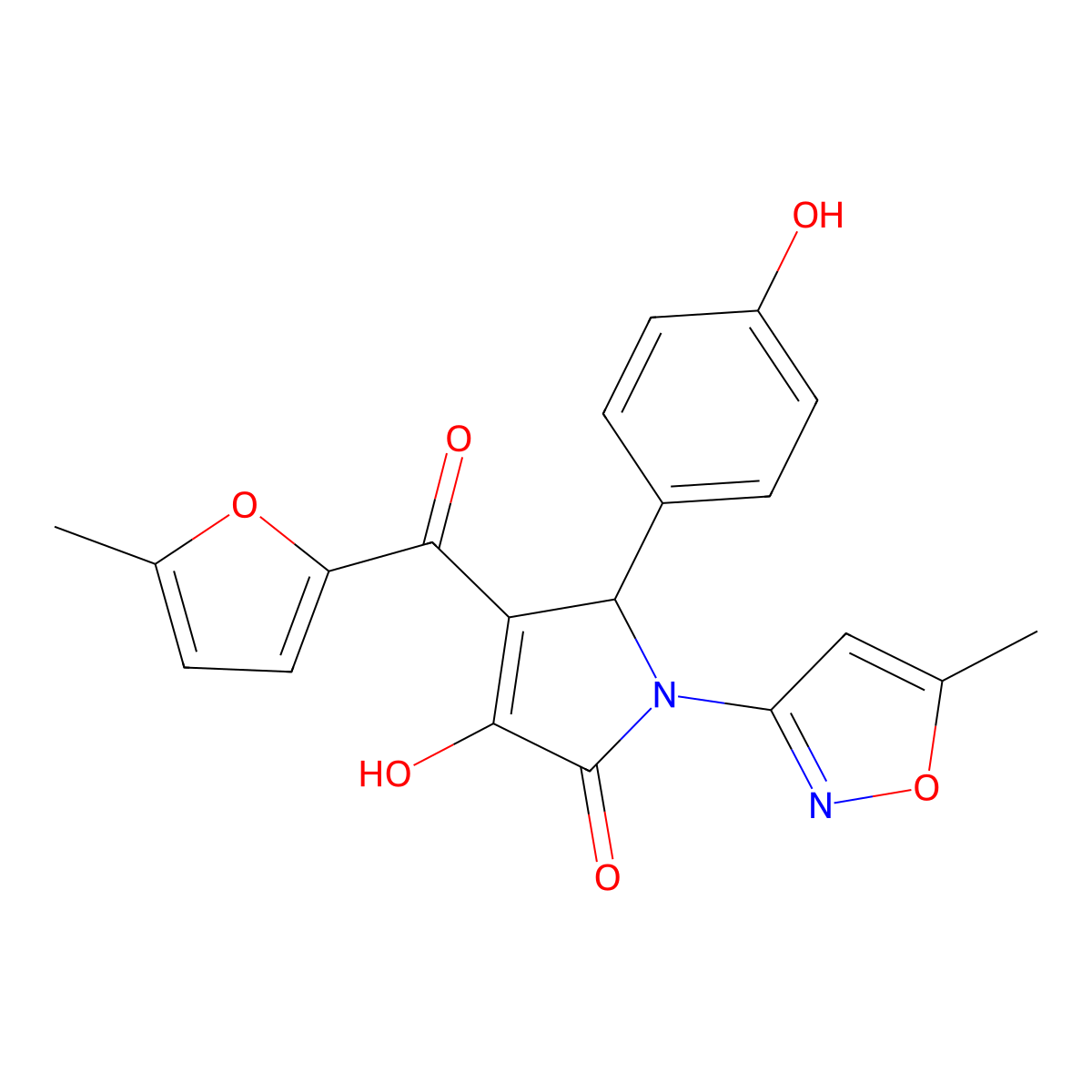 (4E)-4-[hydroxy(5-methylfuran-2-yl)methylidene]-5-(4-hydroxyphenyl)-1-(5-methyl-1,2-oxazol-3-yl)pyrrolidine-2,3-dione molecular structure, CAS 840496-84-6