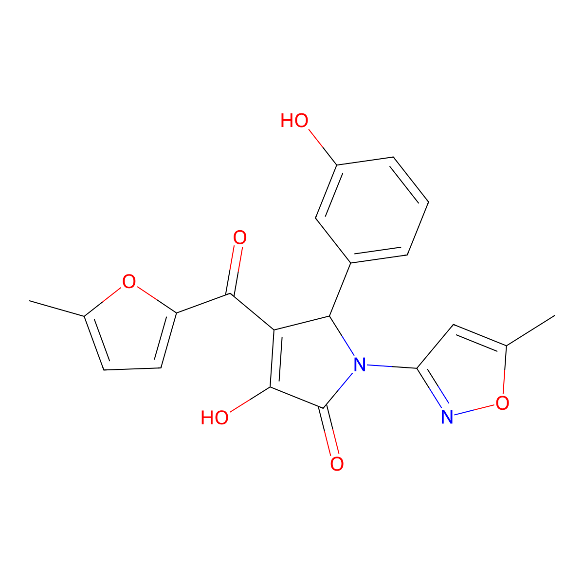 3-hydroxy-5-(3-hydroxyphenyl)-4-[(5-methylfuran-2-yl)carbonyl]-1-(5-methyl-1,2-oxazol-3-yl)-1,5-dihydro-2H-pyrrol-2-one molecular structure, CAS 840498-42-2