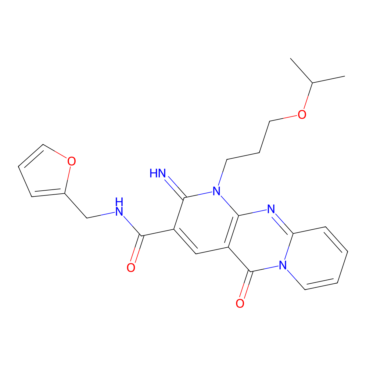 N-(Furan-2-ylmethyl)-6-imino-2-oxo-7-(3-propan-2-yloxypropyl)-1,7,9-triazatricyclo[8.4.0.03,8]tetradeca-3(8),4,9,11,13-pentaene-5-carboxamide molecular structure, CAS 840499-70-9