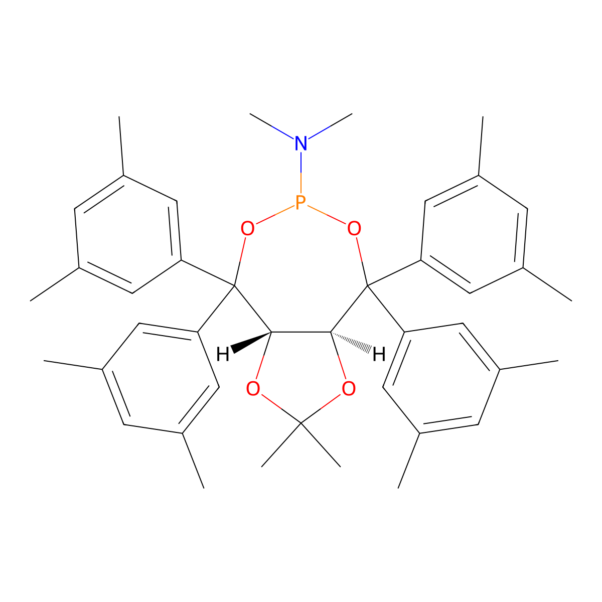 (3AS,8aS)-4,4,8,8-tetrakis(3,5-dimethylphenyl)tetrahydro-N,N,2,2-tetramethyl-1,3-dioxolo[4,5-e][1,3,2]dioxaphosphepin-6-amine molecular structure, CAS 840504-21-4