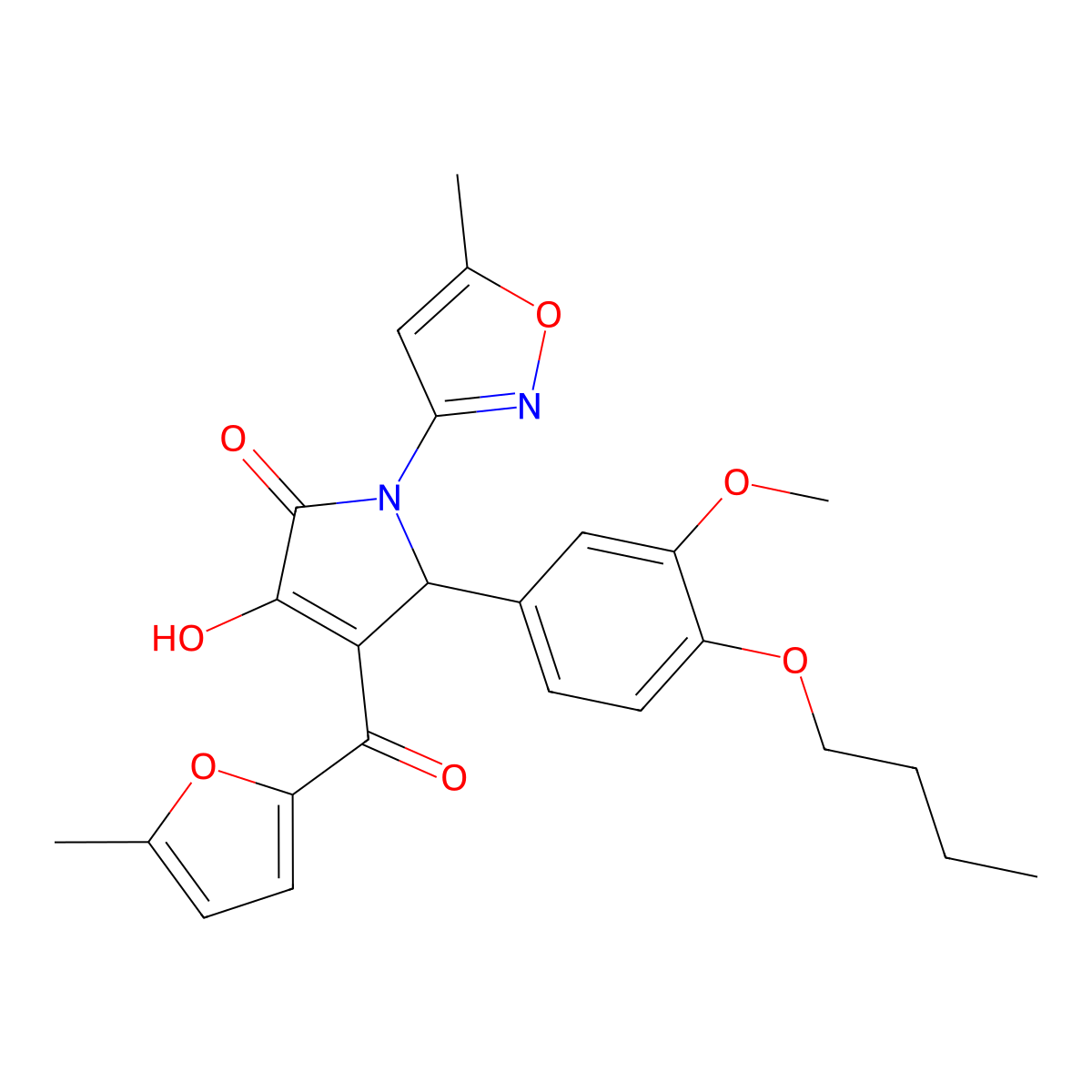 (4E)-5-(4-butoxy-3-methoxyphenyl)-4-[hydroxy(5-methylfuran-2-yl)methylidene]-1-(5-methyl-1,2-oxazol-3-yl)pyrrolidine-2,3-dione molecular structure, CAS 840510-55-6