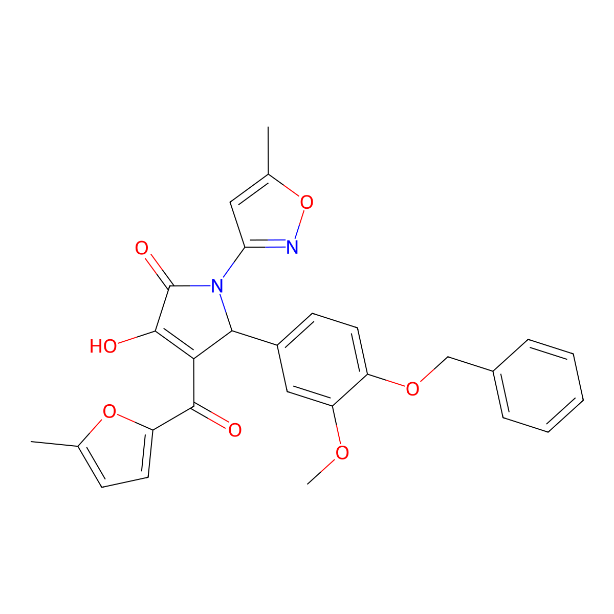 (4E)-5-[4-(benzyloxy)-3-methoxyphenyl]-4-[hydroxy(5-methylfuran-2-yl)methylidene]-1-(5-methyl-1,2-oxazol-3-yl)pyrrolidine-2,3-dione molecular structure, CAS 840513-14-6