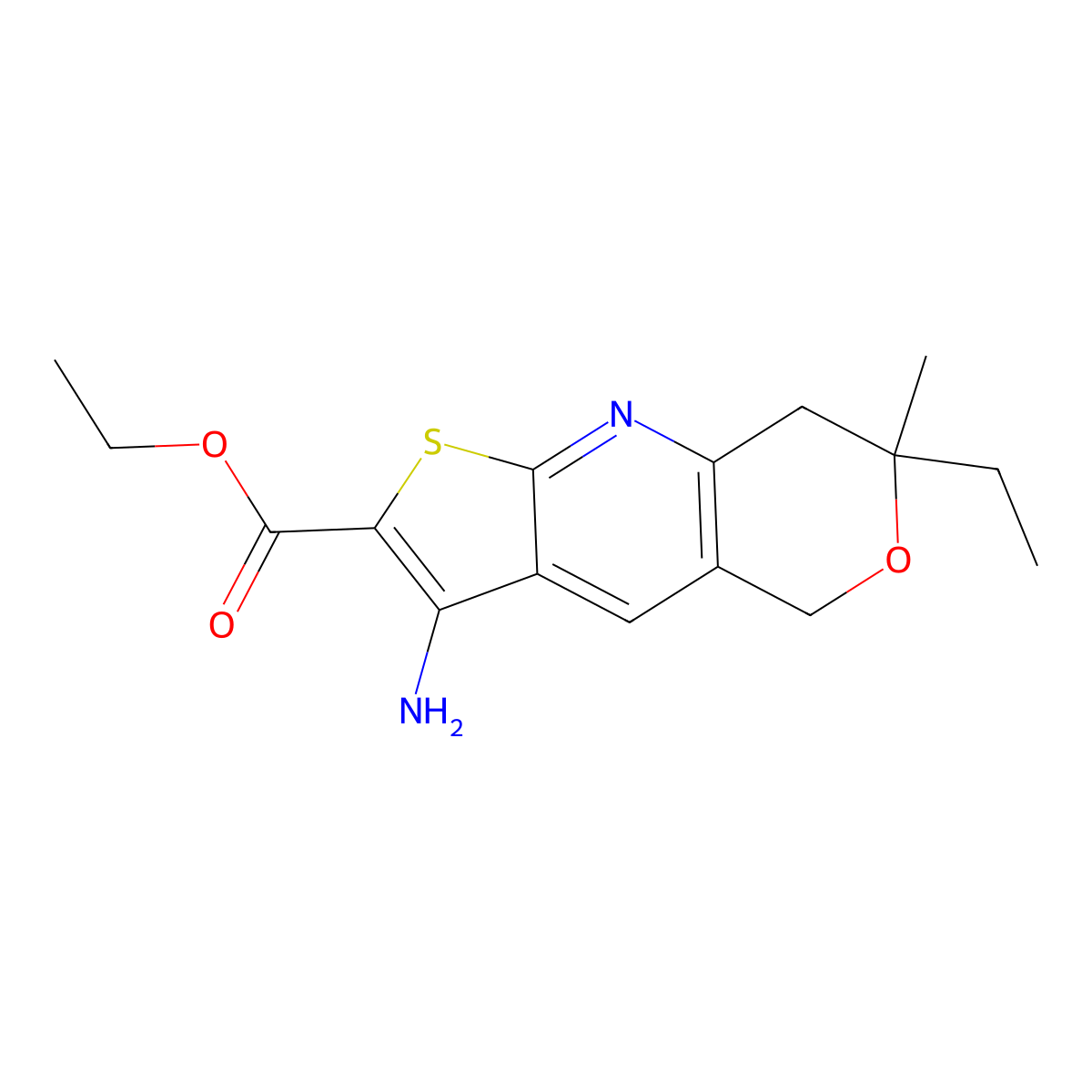 ethyl 3-amino-7-ethyl-7-methyl-7,8-dihydro-5H-pyrano[4,3-b]thieno[3,2-e]pyridine-2-carboxylate molecular structure, CAS 840513-19-1