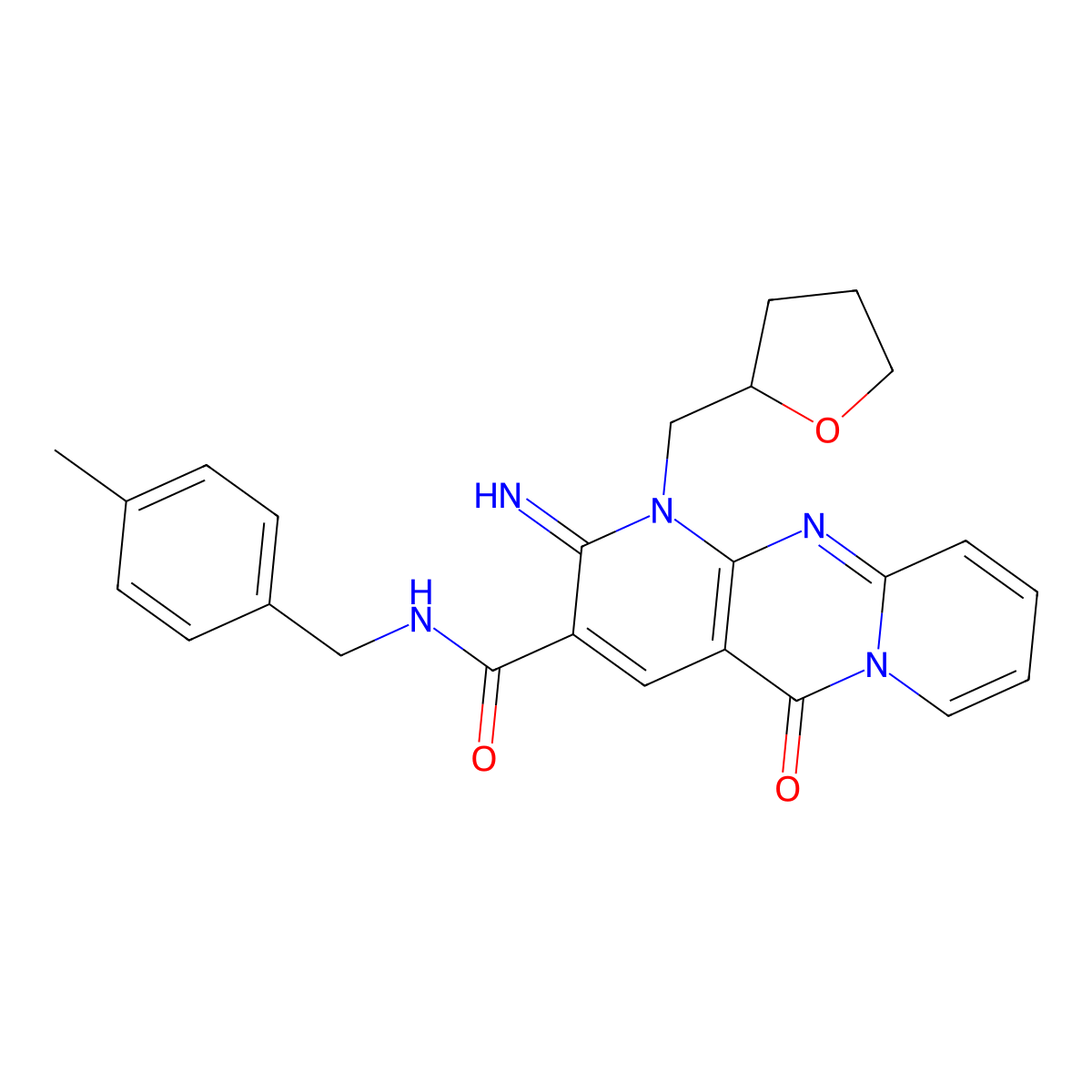 6-imino-N-[(4-methylphenyl)methyl]-2-oxo-7-(oxolan-2-ylmethyl)-1,7,9-triazatricyclo[8.4.0.03,8]tetradeca-3(8),4,9,11,13-pentaene-5-carboxamide molecular structure, CAS 840513-31-7