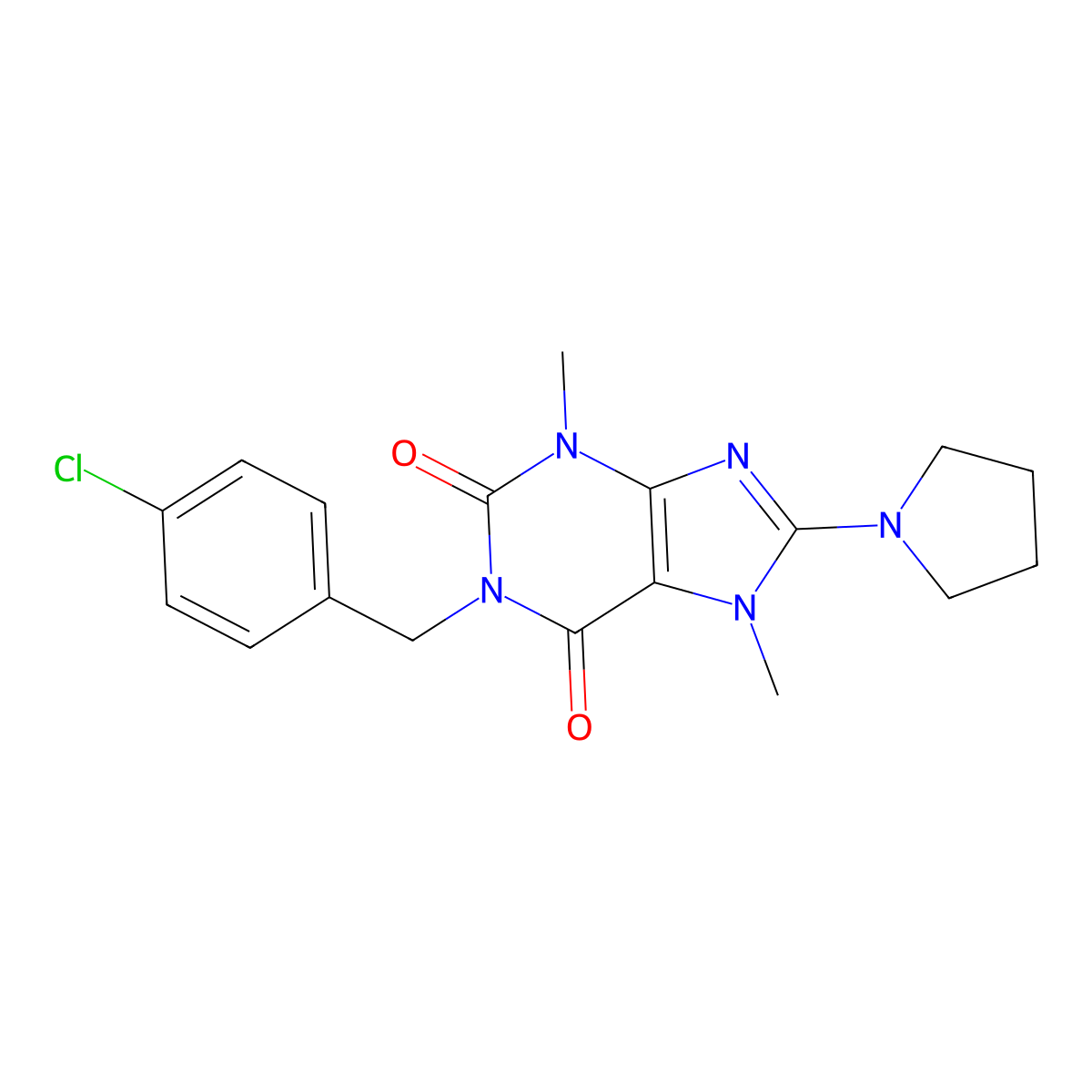 1-(4-chlorobenzyl)-3,7-dimethyl-8-(pyrrolidin-1-yl)-1H-purine-2,6(3H,7H)-dione molecular structure, CAS 840513-34-0