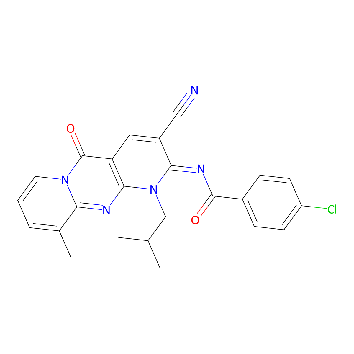 (E)-4-chloro-N-(3-cyano-1-isobutyl-10-methyl-5-oxo-1H-dipyrido[1,2-a:2',3'-d]pyrimidin-2(5H)-ylidene)benzamide molecular structure, CAS 840514-76-3