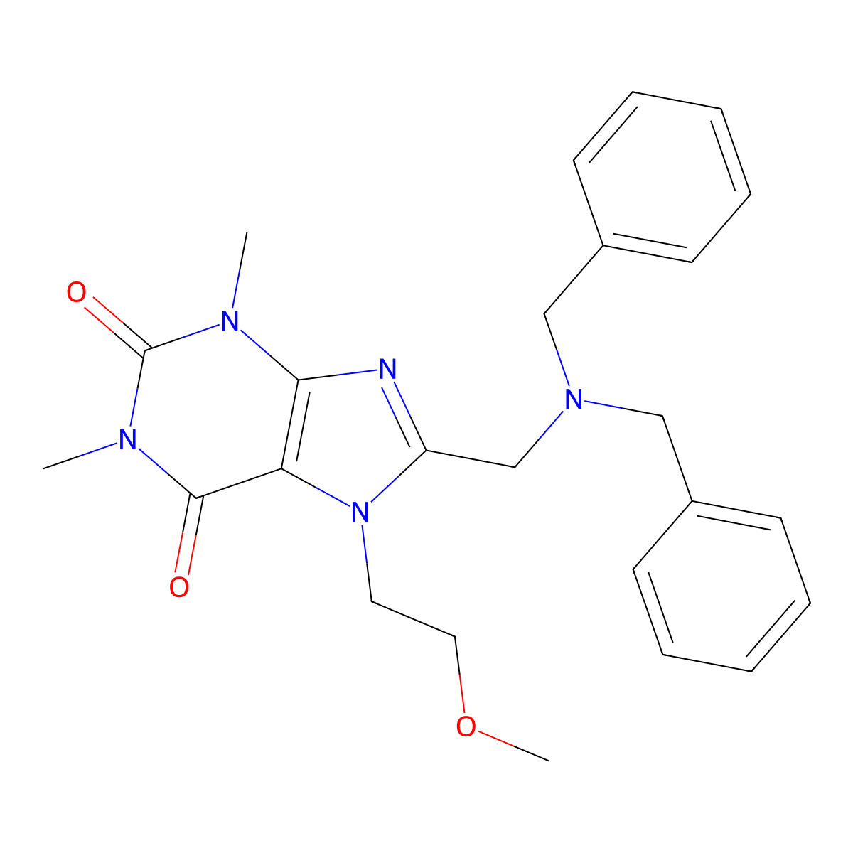 8-[(dibenzylamino)methyl]-7-(2-methoxyethyl)-1,3-dimethyl-3,7-dihydro-1H-purine-2,6-dione molecular structure, CAS 840514-99-0