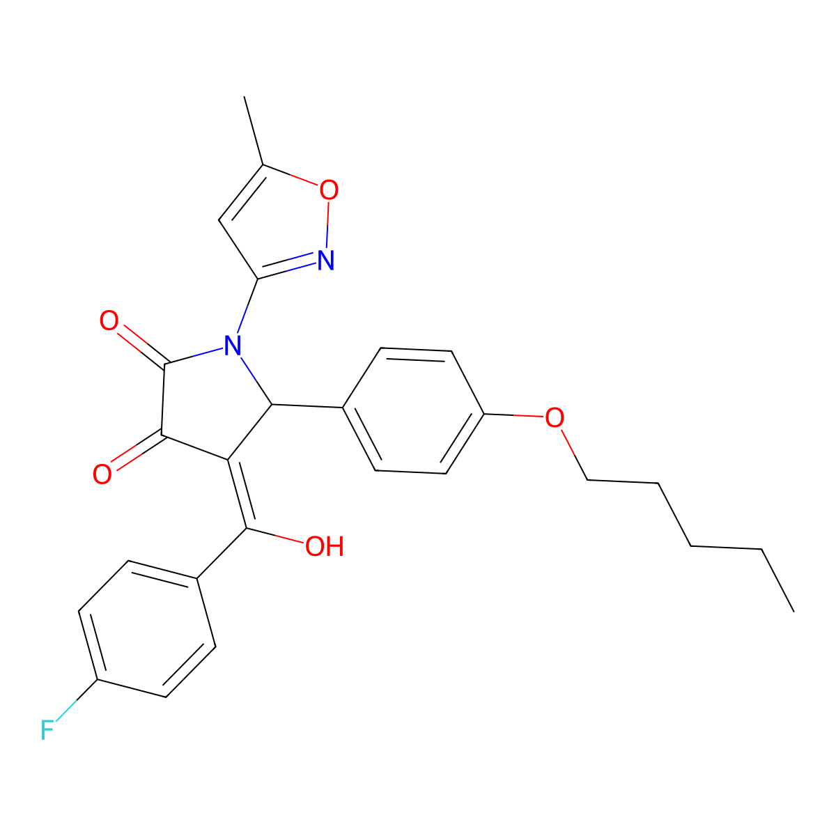 4-(4-fluorobenzoyl)-3-hydroxy-1-(5-methyl-1,2-oxazol-3-yl)-5-[4-(pentyloxy)phenyl]-2,5-dihydro-1H-pyrrol-2-one molecular structure, CAS 840515-28-8