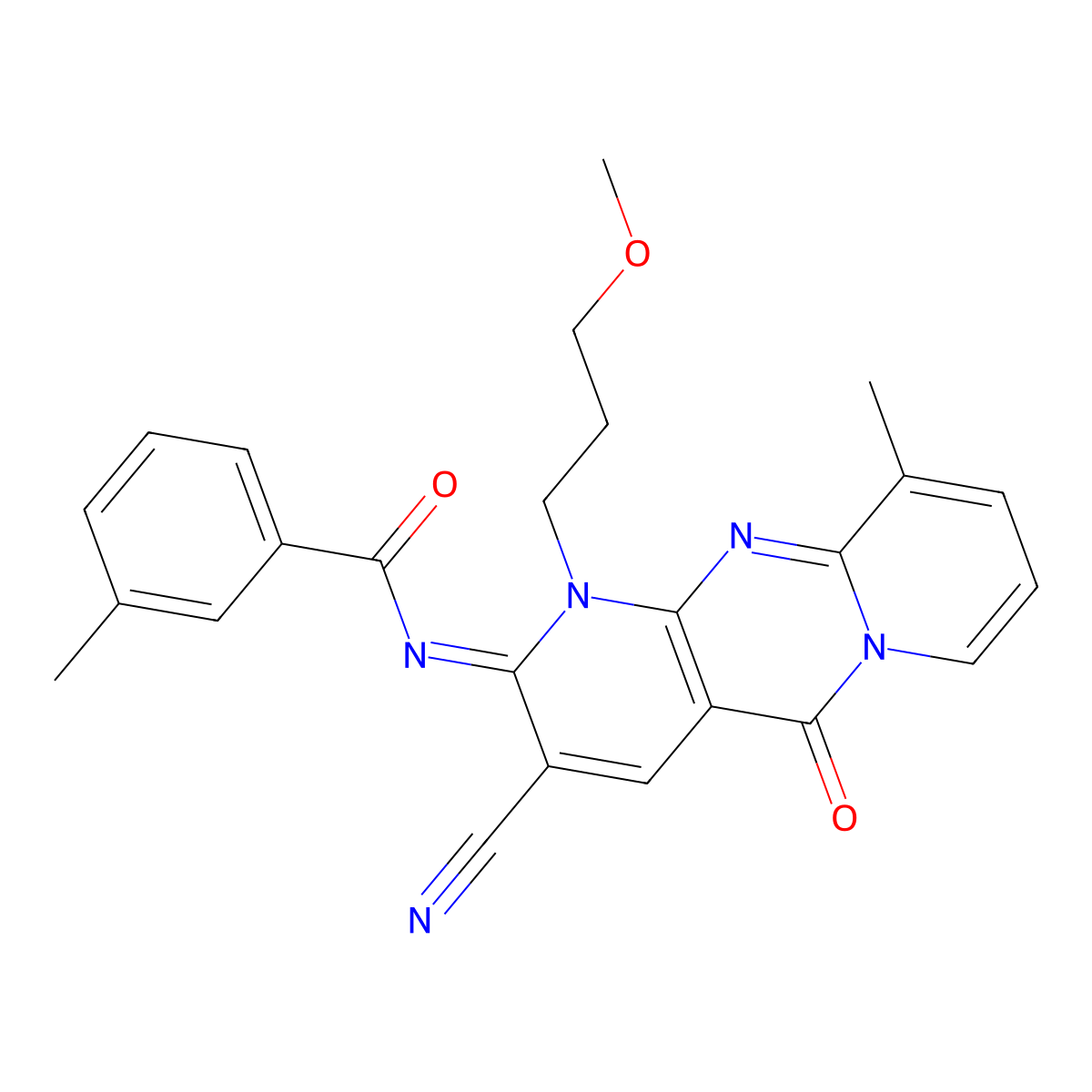 N-[3-cyano-1-(3-methoxypropyl)-10-methyl-5-oxo-1,5-dihydro-2H-dipyrido[1,2-a:2,3-d]pyrimidin-2-ylidene]-3-methylbenzamide molecular structure, CAS 840517-45-5
