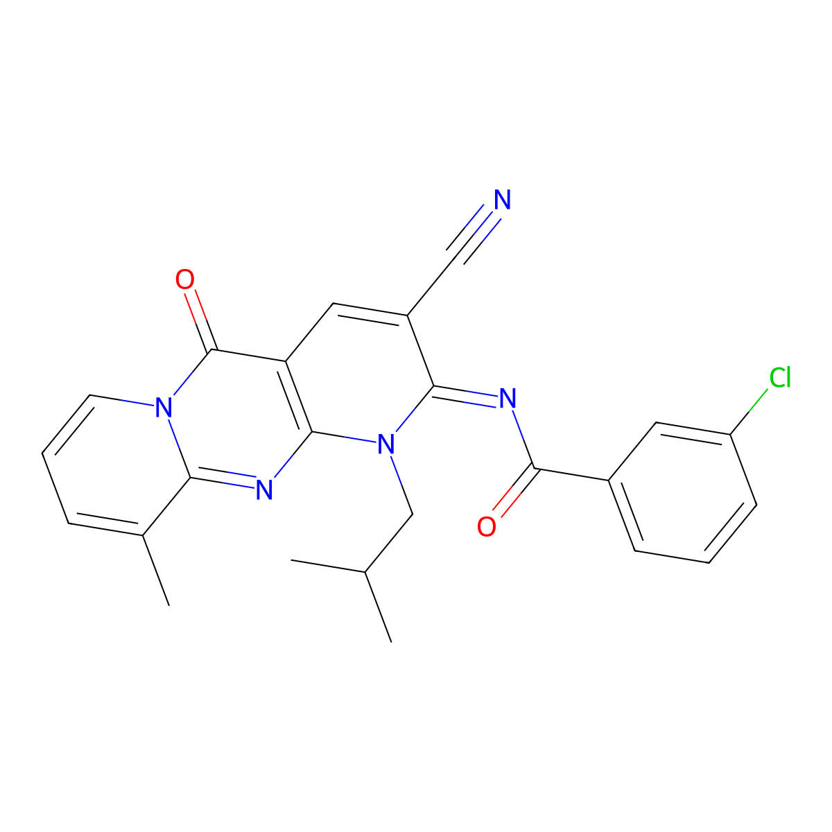 (E)-3-chloro-N-(3-cyano-1-isobutyl-10-methyl-5-oxo-1H-dipyrido[1,2-a:2',3'-d]pyrimidin-2(5H)-ylidene)benzamide molecular structure, CAS 840517-70-6