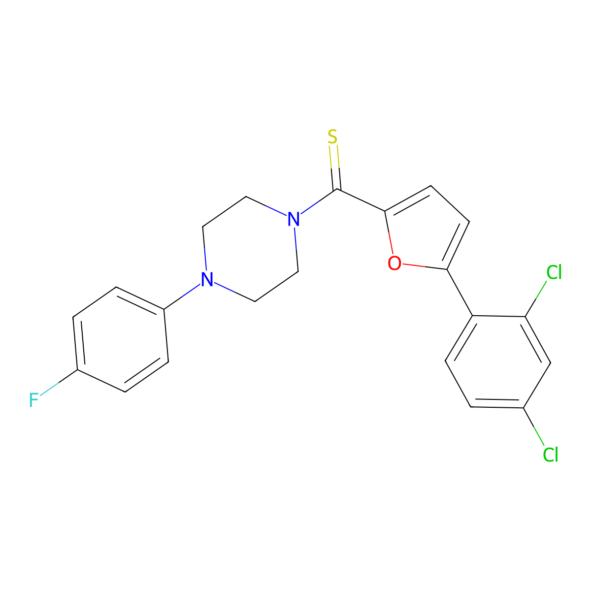 (5-(2,4-Dichlorophenyl)furan-2-yl)(4-(4-fluorophenyl)piperazin-1-yl)methanethione molecular structure, CAS 840518-90-3