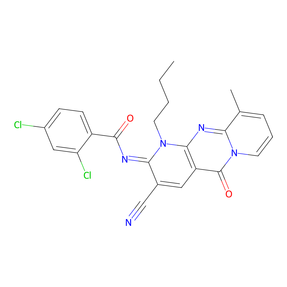 (E)-N-(1-butyl-3-cyano-10-methyl-5-oxo-1H-dipyrido[1,2-a:2',3'-d]pyrimidin-2(5H)-ylidene)-2,4-dichlorobenzamide molecular structure, CAS 841206-17-5