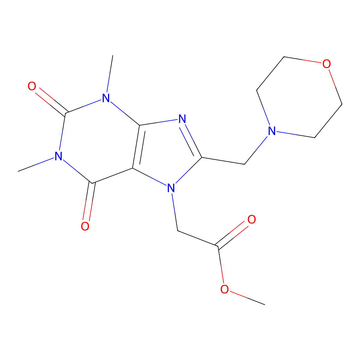 methyl [1,3-dimethyl-8-(morpholin-4-ylmethyl)-2,6-dioxo-1,2,3,6-tetrahydro-7H-purin-7-yl]acetate molecular structure, CAS 841206-57-3