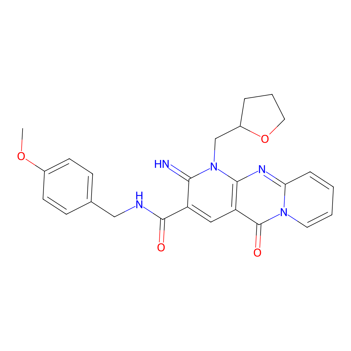 6-imino-N-[(4-methoxyphenyl)methyl]-2-oxo-7-(oxolan-2-ylmethyl)-1,7,9-triazatricyclo[8.4.0.03,8]tetradeca-3(8),4,9,11,13-pentaene-5-carboxamide molecular structure, CAS 841206-88-0