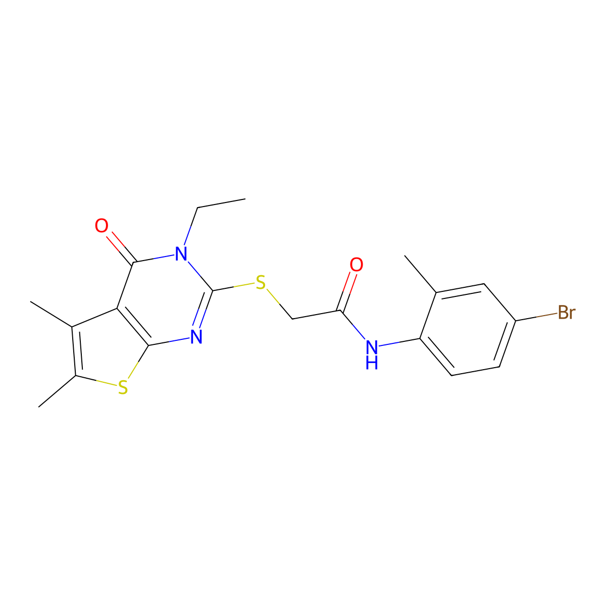 N-(4-bromo-2-methylphenyl)-2-(3-ethyl-5,6-dimethyl-4-oxo(3-hydrothiopheno[2,3-d]pyrimidin-2-ylthio))acetamide molecular structure, CAS 841207-36-1