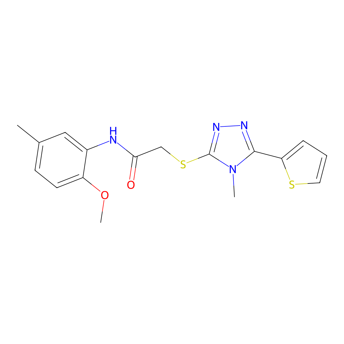 N-(2-methoxy-5-methylphenyl)-2-{[4-methyl-5-(thiophen-2-yl)-4H-1,2,4-triazol-3-yl]sulfanyl}acetamide molecular structure, CAS 841208-31-9