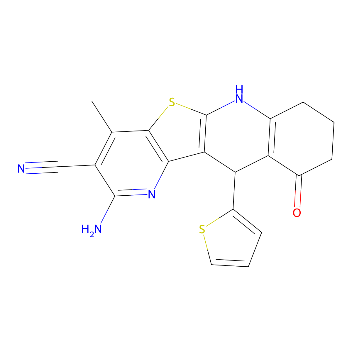 2-Amino-10-hydroxy-4-methyl-11-(thiophen-2-yl)-7,8,9,11-tetrahydropyrido[2',3':4,5]thieno[2,3-b]quinoline-3-carbonitrile molecular structure, CAS 841208-77-3