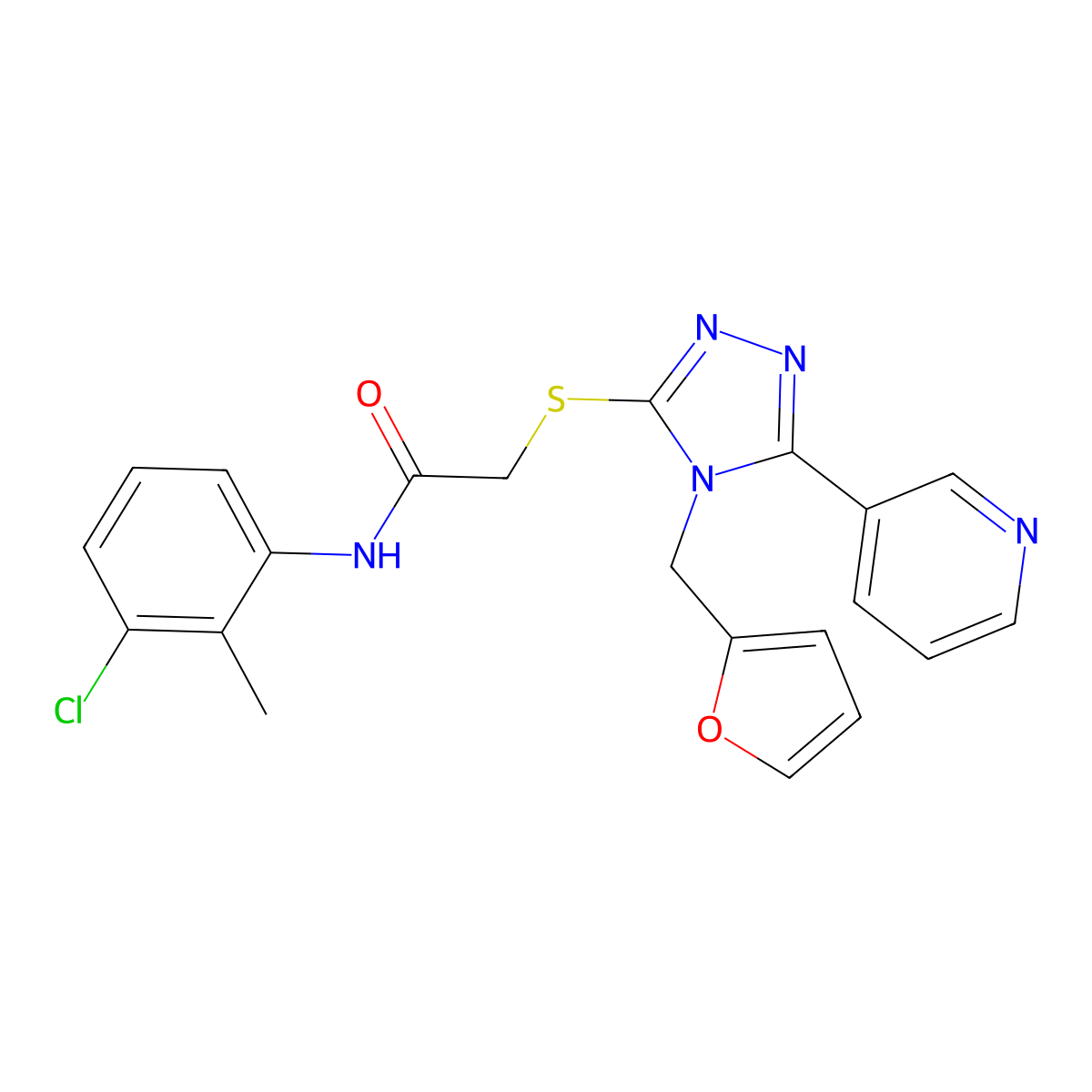 N-(3-chloro-2-methylphenyl)-2-{[4-(furan-2-ylmethyl)-5-(pyridin-3-yl)-4H-1,2,4-triazol-3-yl]sulfanyl}acetamide molecular structure, CAS 841209-62-9