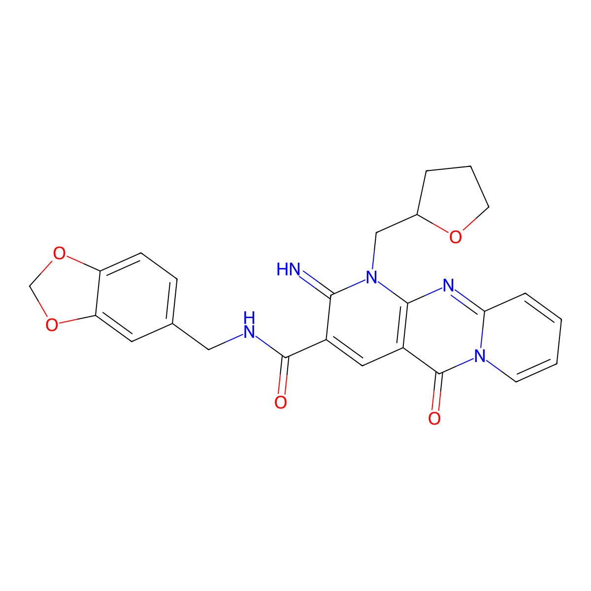 N-(1,3-benzodioxol-5-ylmethyl)-2-imino-5-oxo-1-(tetrahydrofuran-2-ylmethyl)-1,5-dihydro-2H-dipyrido[1,2-a:2',3'-d]pyrimidine-3-carboxamide molecular structure, CAS 841210-12-6