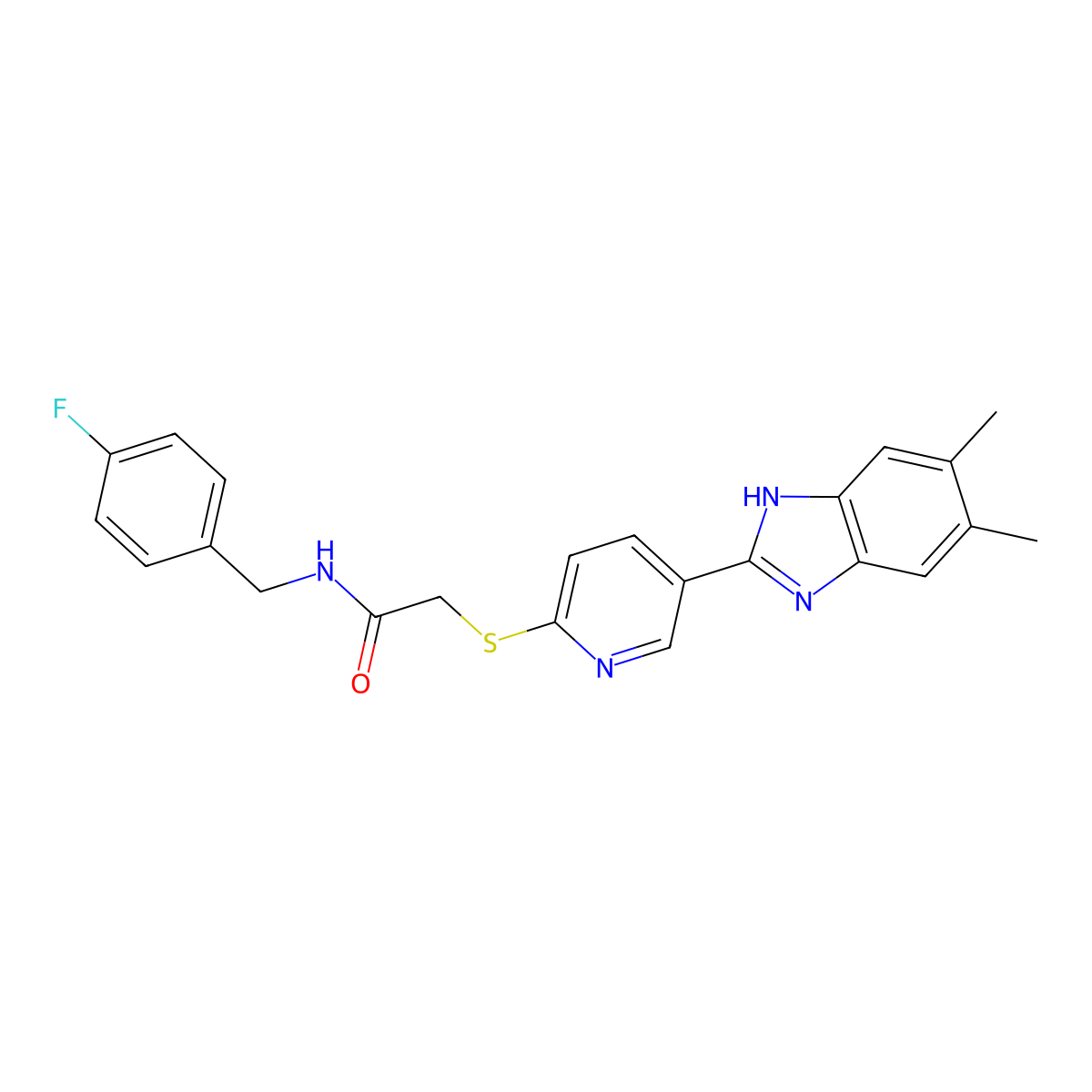 2-[[5-(5,6-Dimethyl-2-benzimidazolyl)-2-pyridyl]thio]-N-(4-fluorobenzyl)acetamide molecular structure, CAS 841210-14-8