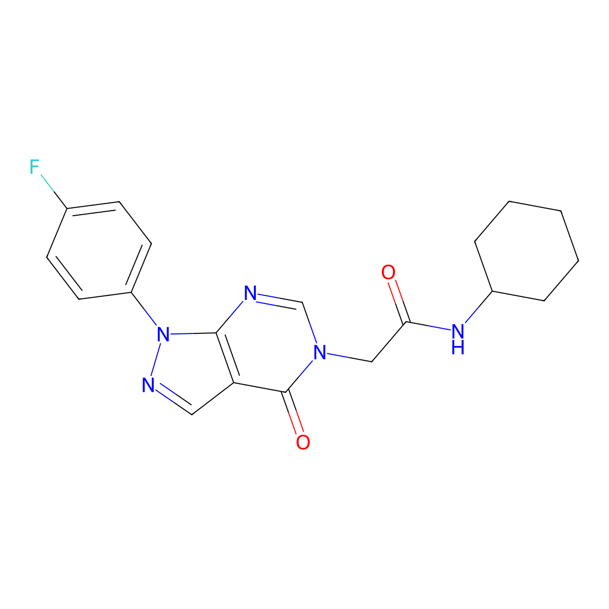 N-cyclohexyl-2-(1-(4-fluorophenyl)-4-oxo-1H-pyrazolo[3,4-d]pyrimidin-5(4H)-yl)acetamide molecular structure, CAS 841211-28-7
