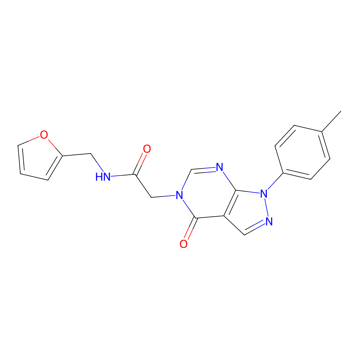 N-Furan-2-ylmethyl-2-(4-oxo-1-p-tolyl-1,4-dihydro-pyrazolo[3,4-d]pyrimidin-5-yl)-acetamide molecular structure, CAS 841212-09-7